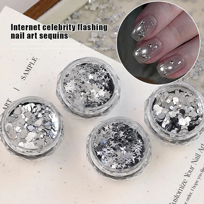 1Jar Nail Art Charms Shiny Silver Sequins Mix Shape Starlight Love Star Slice Decals Manicure Paillette Charms Nail Art Stickers
