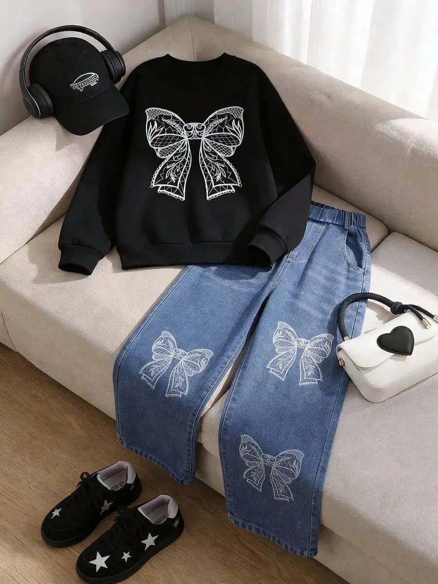 Bow Print Sweatshirt And Embroidered Straight Leg Jeans Set