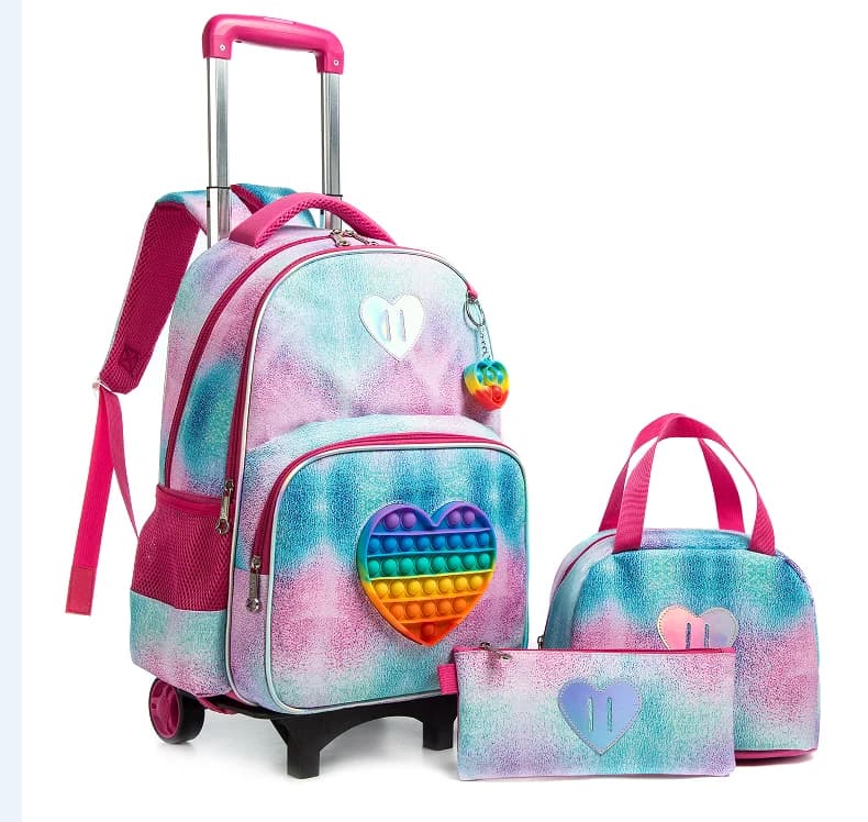 Set di borse per zaino con rotelle per la scuola, borsa per il pranzo, borsa per penne per ragazze, zaino per trolley da scuola, zaino con ruote per la scuola, bookbag con ruote