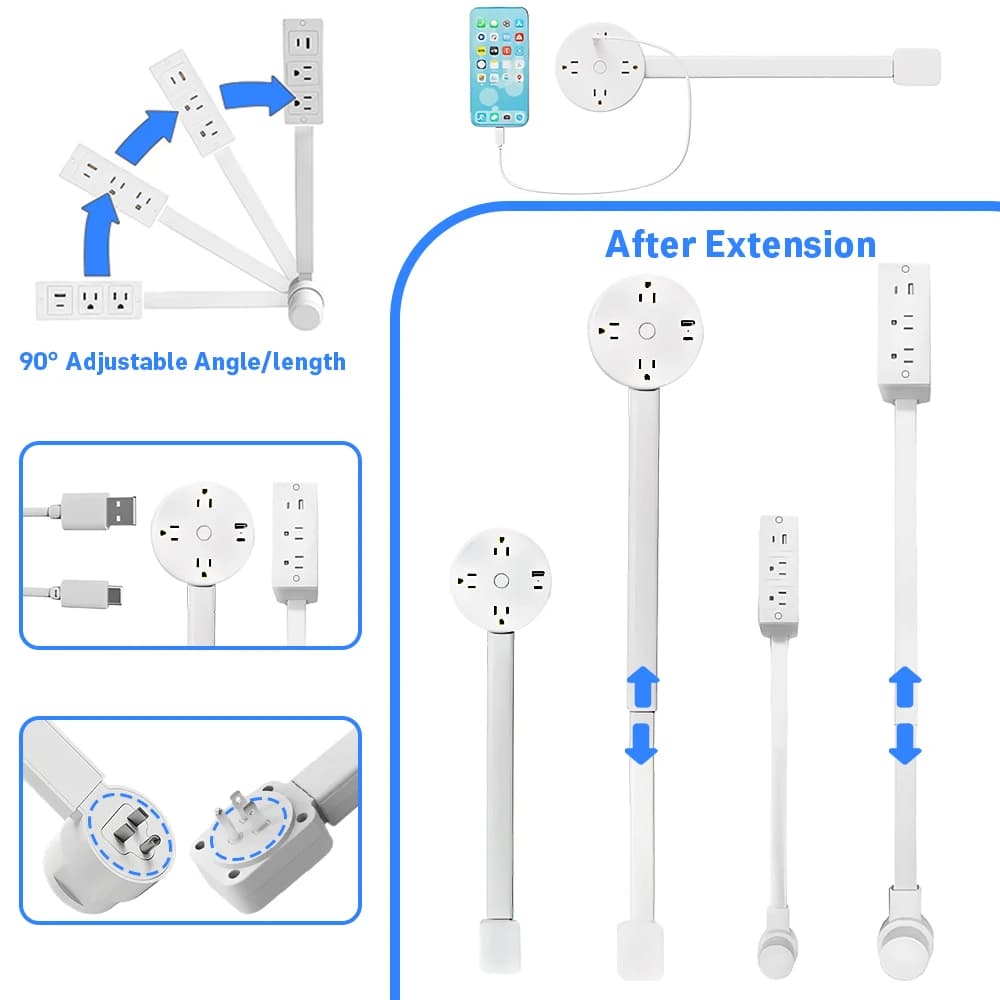 The wall electrical socket rotates the extension of the electrical socket Adjustable length current socket extension for night bedside