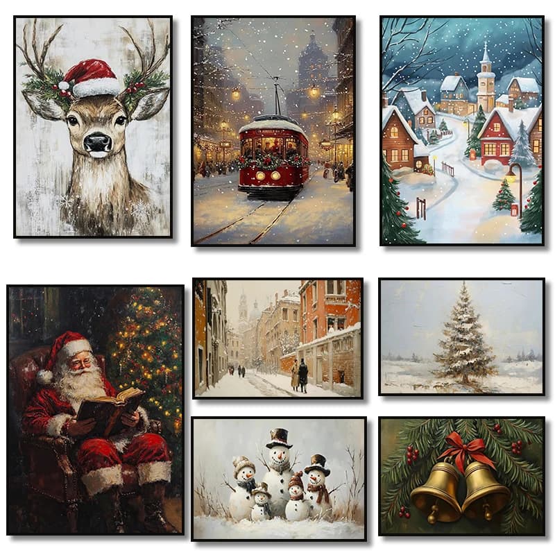 (No frame)Cabin Snowy Night Snowy Village Winter Scene Christmas Tree Town Deer Poster Canvas Painting Print Wall Art Picture