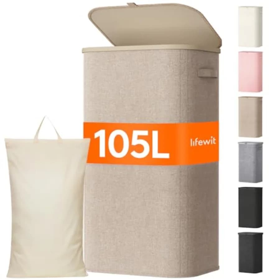 Cesto portabiancheria grande da 105 litri con coperchio, manici in plastica e sacca rimovibile, pieghevole, per vestiti sporchi