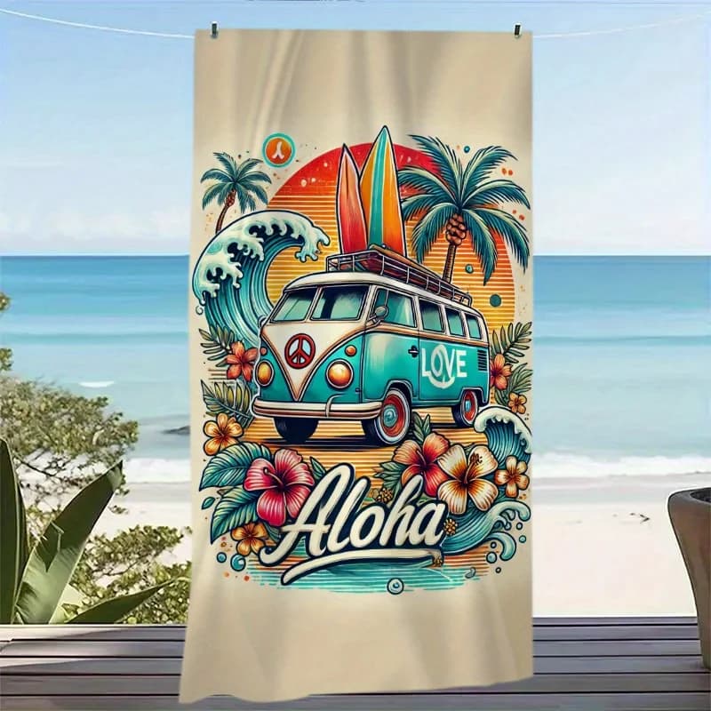 Aloha Surf Bus Tappetino da spiaggia oversize in microfibra e telo da bagno - Asciugamano da bagno super assorbente ad asciugatura rapida, dal design vibrante
