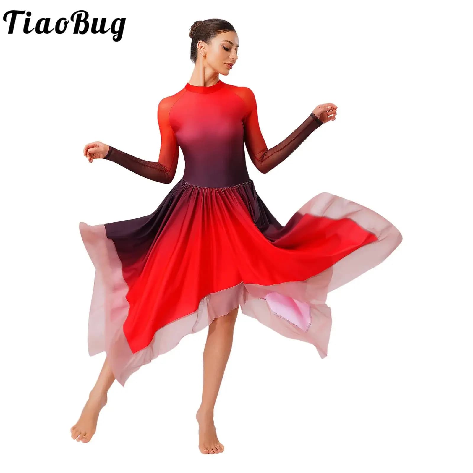 Abito da ballo per balletto lirico sfumato da donna Abito body con orlo irregolare a maniche lunghe in rete per costumi di danza moderna di pattinaggio di figura