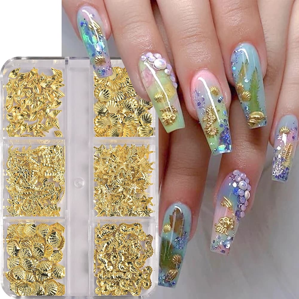 6 Grids Metal Summer Ocean Nail Art Charms 3D Shell Starfish Seahorse Caviar Beads Alloy Nail Jewelry Mixed Manicure Studs Decor