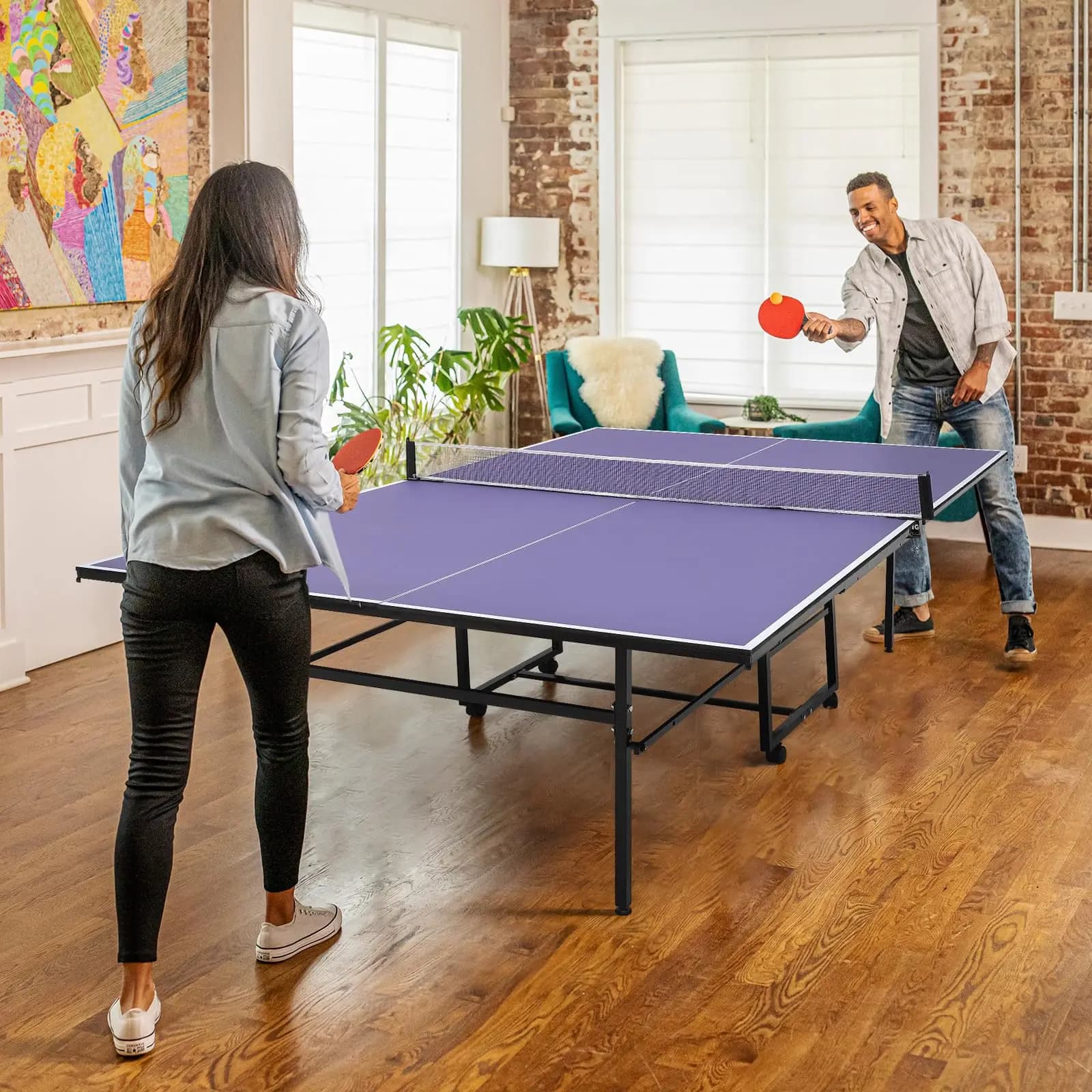Tavolo da ping pong portatile da 9 piedi per interni ed esterni, tavolo professionale da tennis da tavolo con rete, 2 racchette e 3 palline