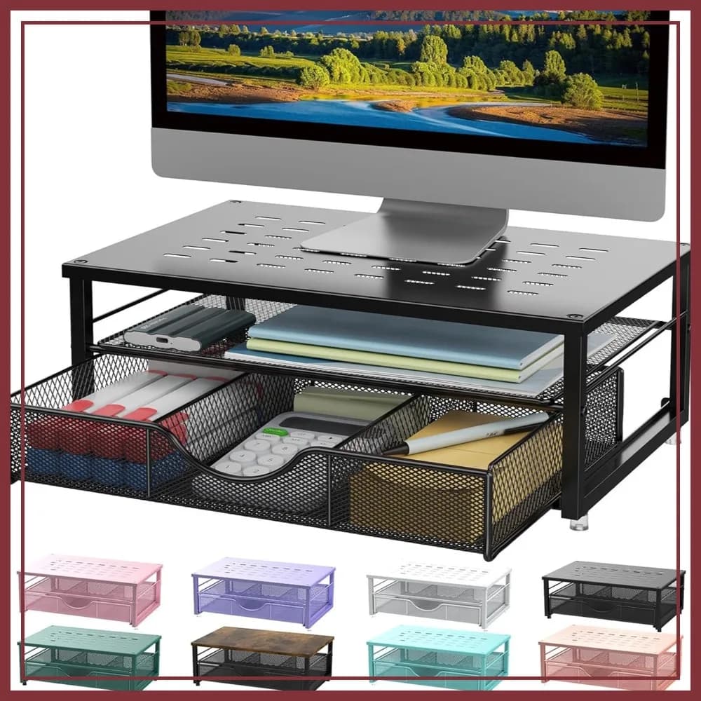 Supporto per Monitor con Cassetto, Organizzatore da Scrivania e Contenitore per Stampante, Accessori per Spazio di Lavoro