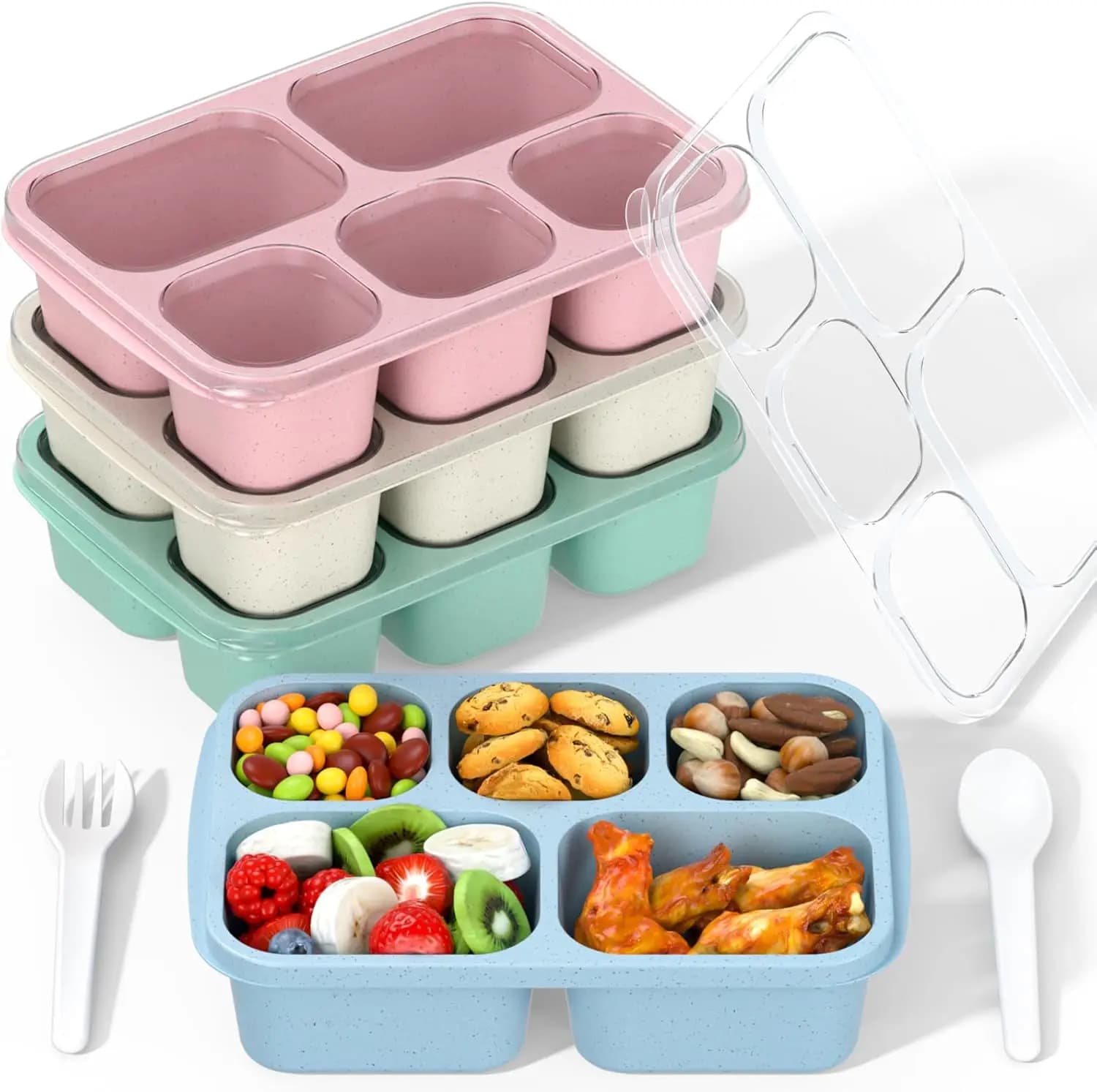 Set di 4 Contenitori Bento per Pranzo, 5 Scomparti, Impilabili per Lavoro e Scuola