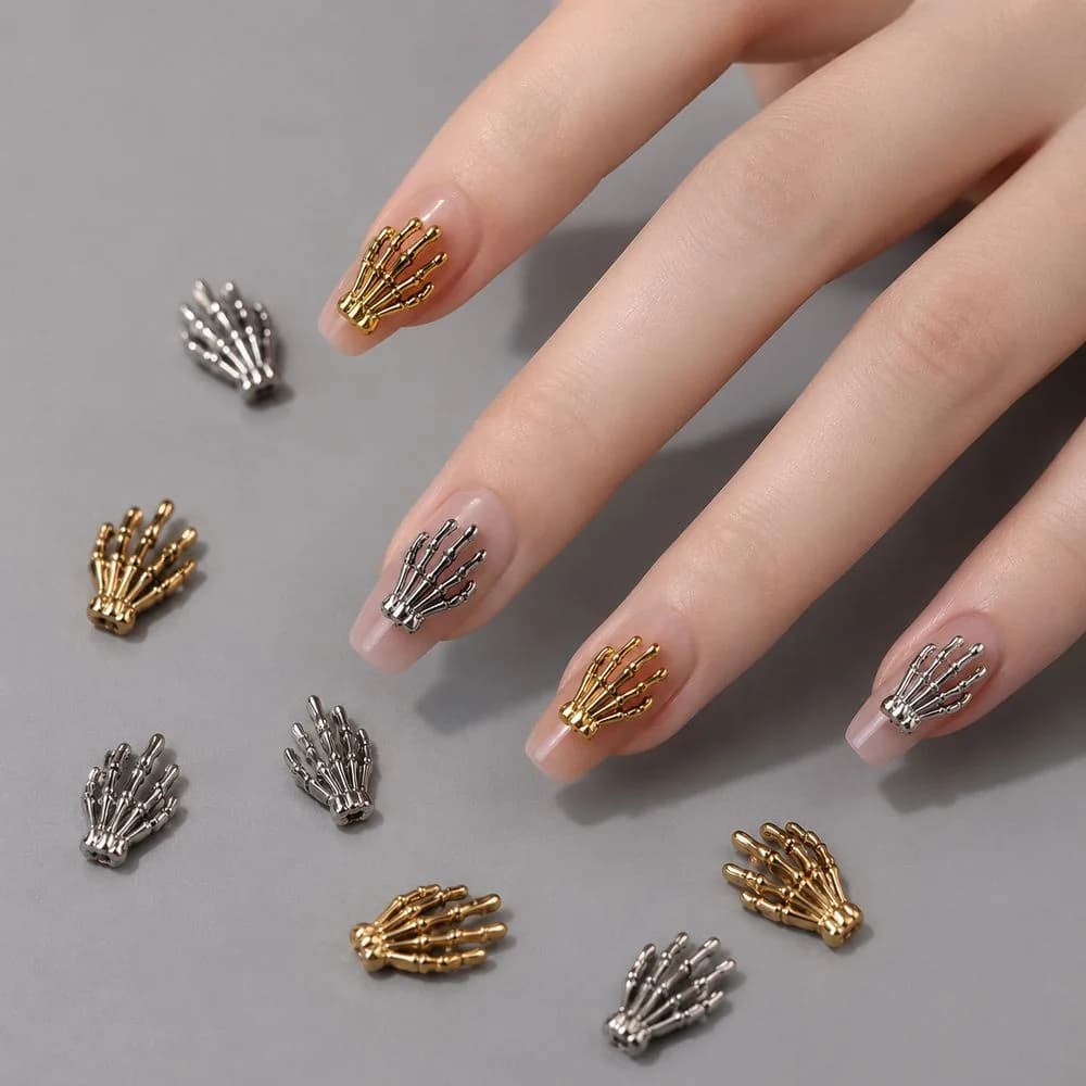 10Pcs Gothic Metal Skeleton Hand Nail Charms Vintage Alloy Skull Hand Nail Studs Halloween Party Nail Art Supplies For Manicure