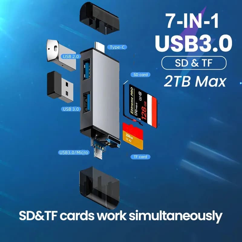 Lettore di schede 7 in 1 Adattatore per unità flash per scheda di memoria USB 3.0 tipo C a SD TF per PC Accessori per laptop Lettore di schede multi-intelligente