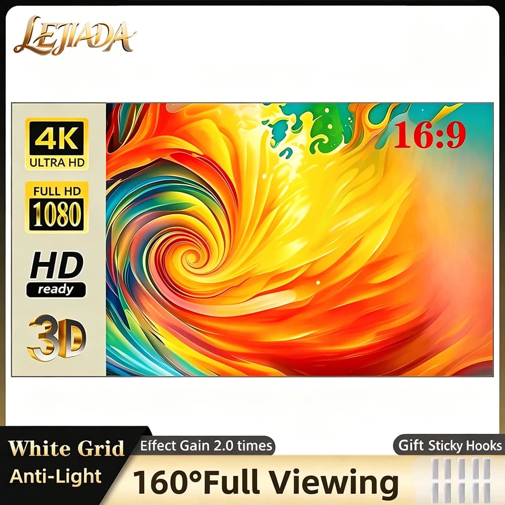 LEJIADA Anti-Light Brighten Projector Screen 4KHD White Grid 160° Viewing Angle Simple Portable Indoor Outdoor Movie 60-130 inch