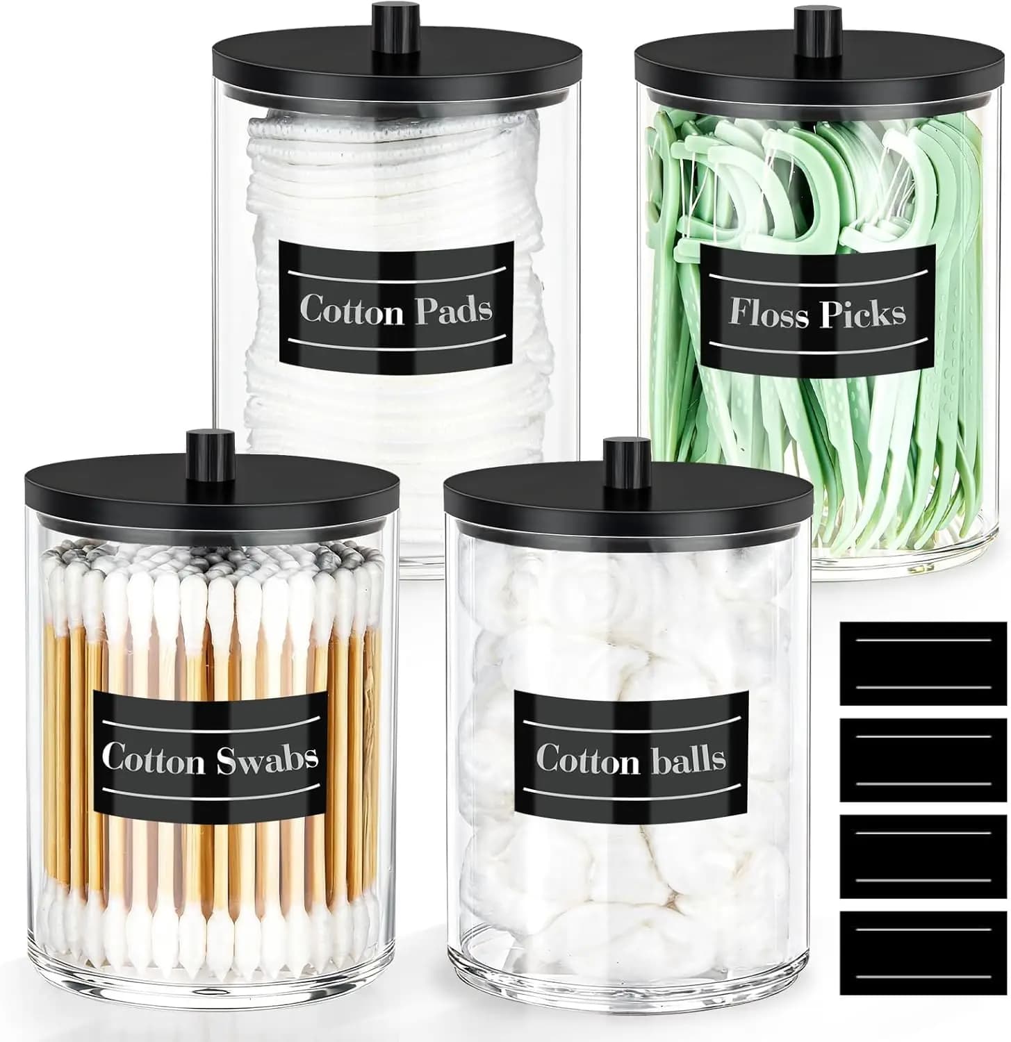 Set di 4 Porta Q-Tip in Acrilico da 10 oz con Etichette, Contenitori in Plastica Trasparente per Organizzazione del Bagno