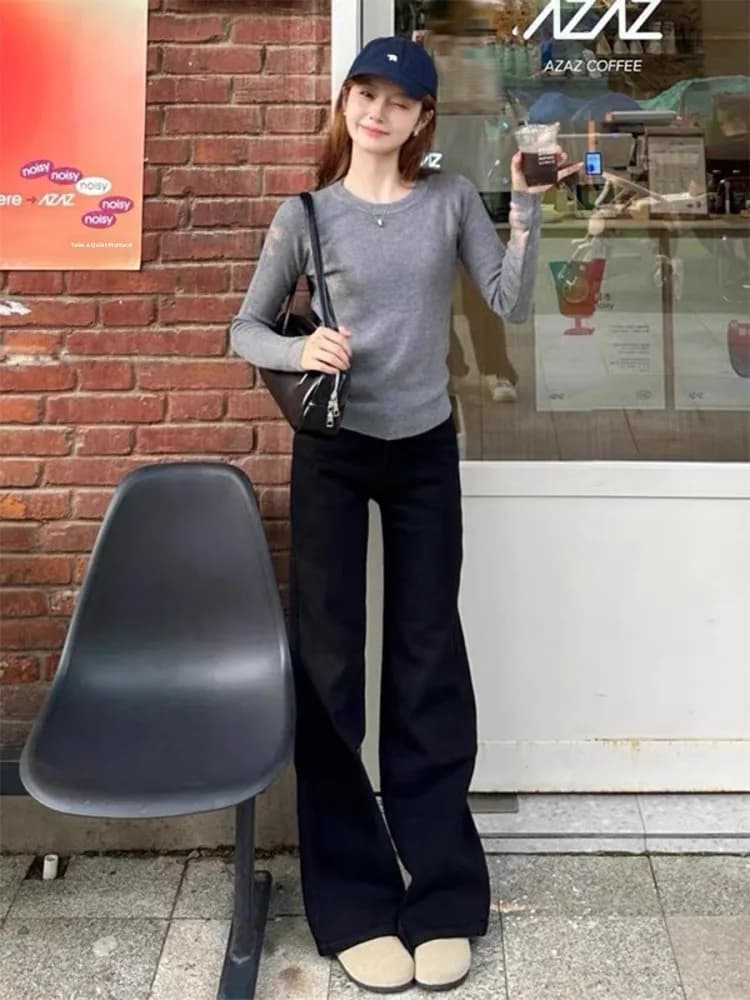 High Waist Flared Straight Leg Jeans Women's Elastic Casual Black Denim Pants plus Size Slimming Trousers for Pear Shaped Body