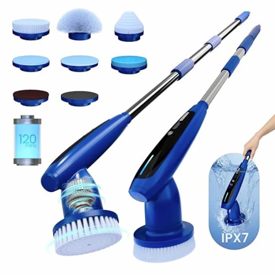 Electric Spin Scrubber for bathroom cleaning: ABS plastic, white, 120-min runtime, IPX7 waterproof, adjustable handle, 8 brush