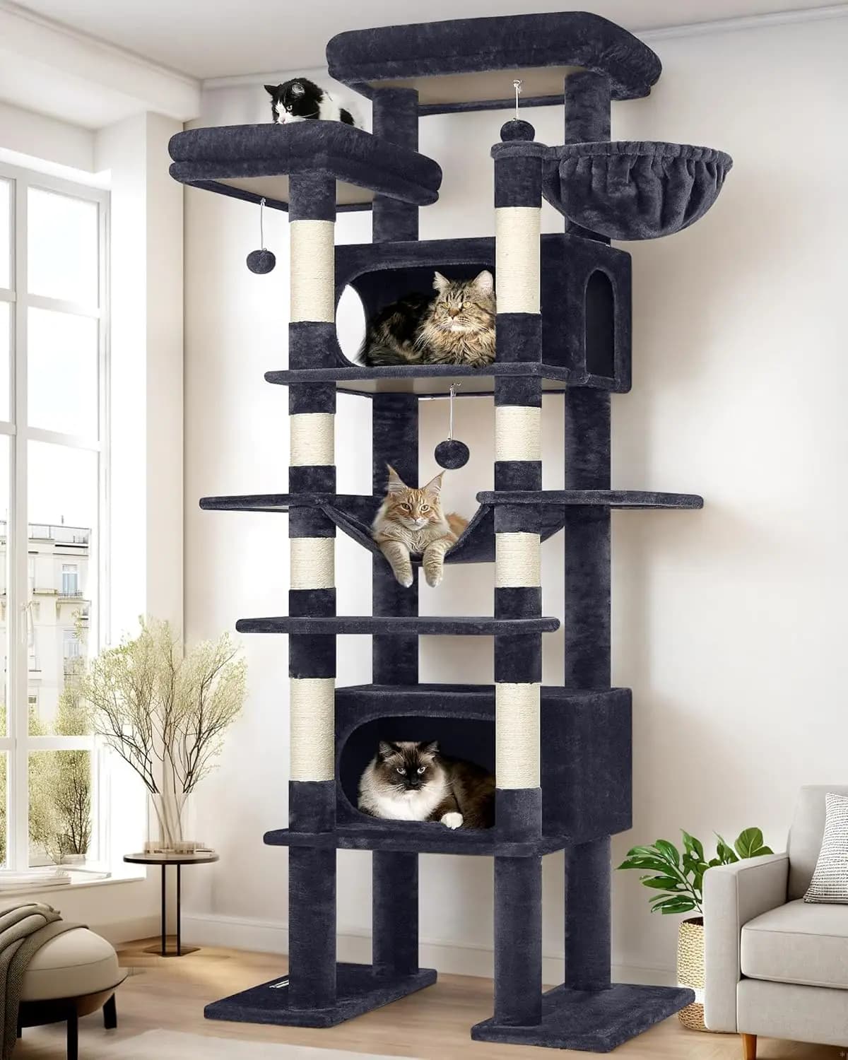 Indoor Cat Use, Heavy Duty Material, Dark Grey XXL Giant Cat Tree with 8 Scratching Posts, Hammock, 2 Cat Caves and 2 Platforms