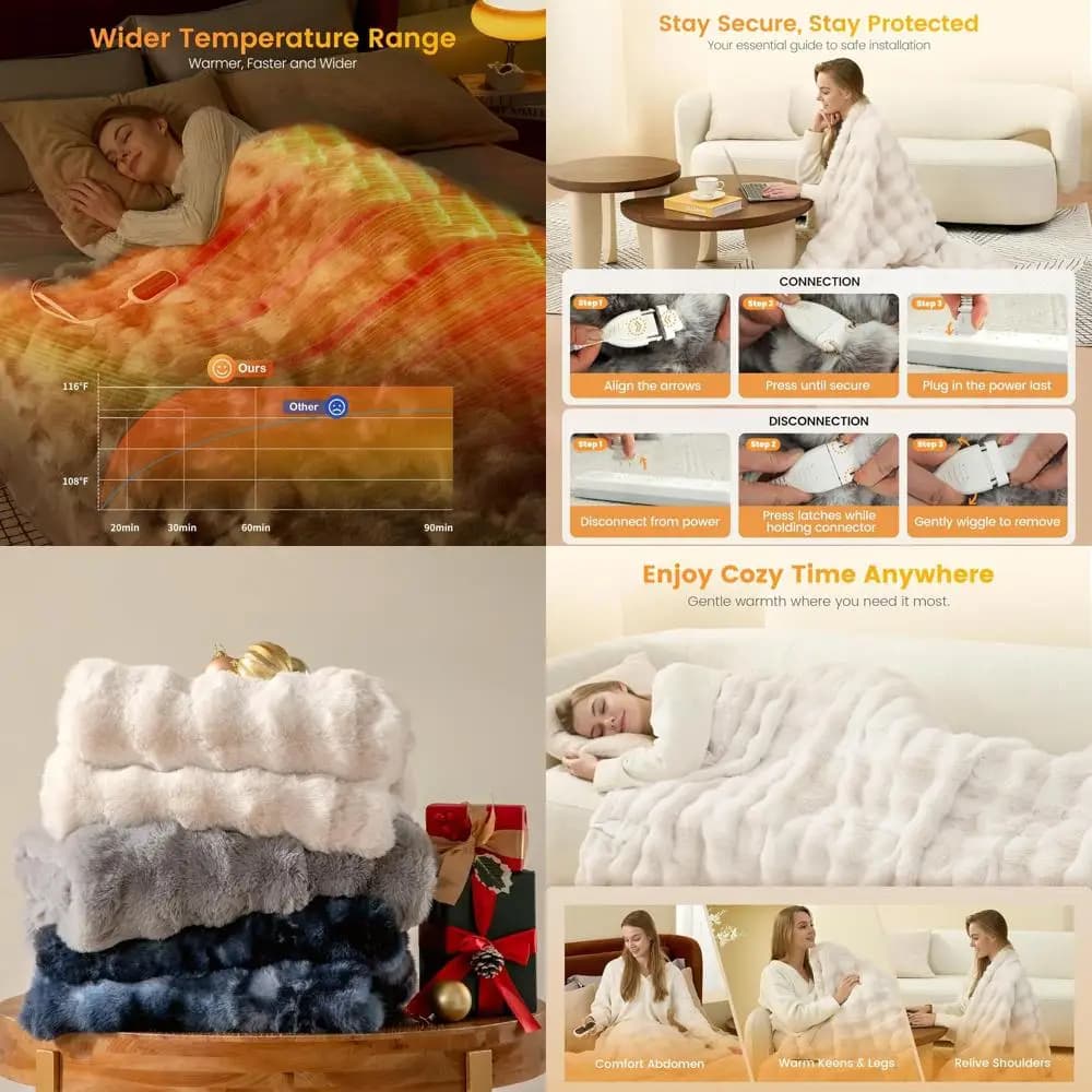 Coperta Elettrica Riscaldata in Finta Pelliccia, 50x60, Spegnimento Automatico 2-8 Ore, 8 Livelli di Calore, Protezione dal Surriscaldamento, Beige/Bianco Sporco
