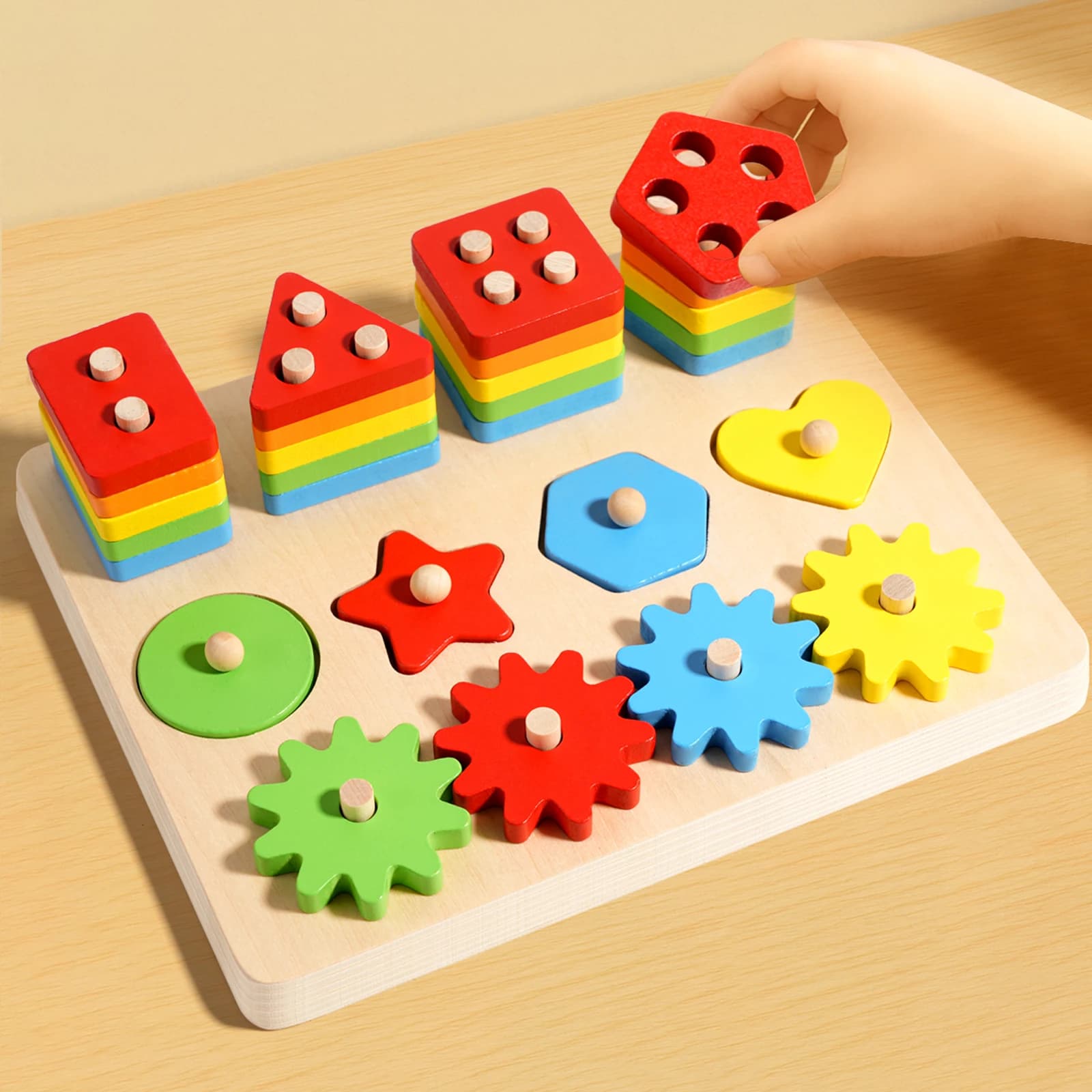 Montessori Ordinamento in legno Giocattoli impilabili Puzzle per i più piccoli Blocchi di costruzione per bambini Ingranaggi Giocattolo di abilità motorie fini in età prescolare per 3-6