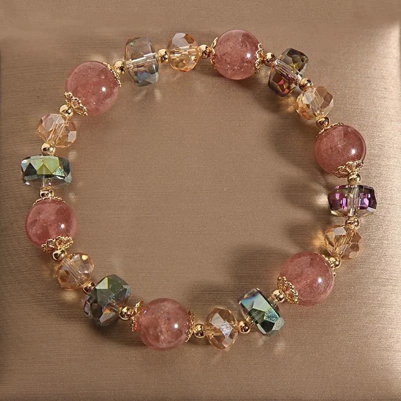 Summer personalized new-style bracelet for women:strawberry quartz and glass bead strand, rose quartz—fashionable, simple, and v