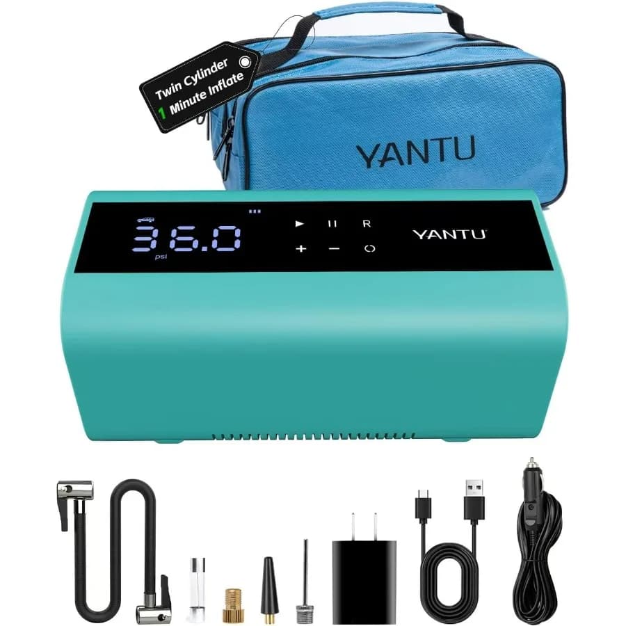 Gonfiatore per pneumatici a batteria con compressore d'aria portatile a grande schermo 8,3 a doppio cilindro per pneumatici per auto Pressione dei pneumatici ricaricabile 12V