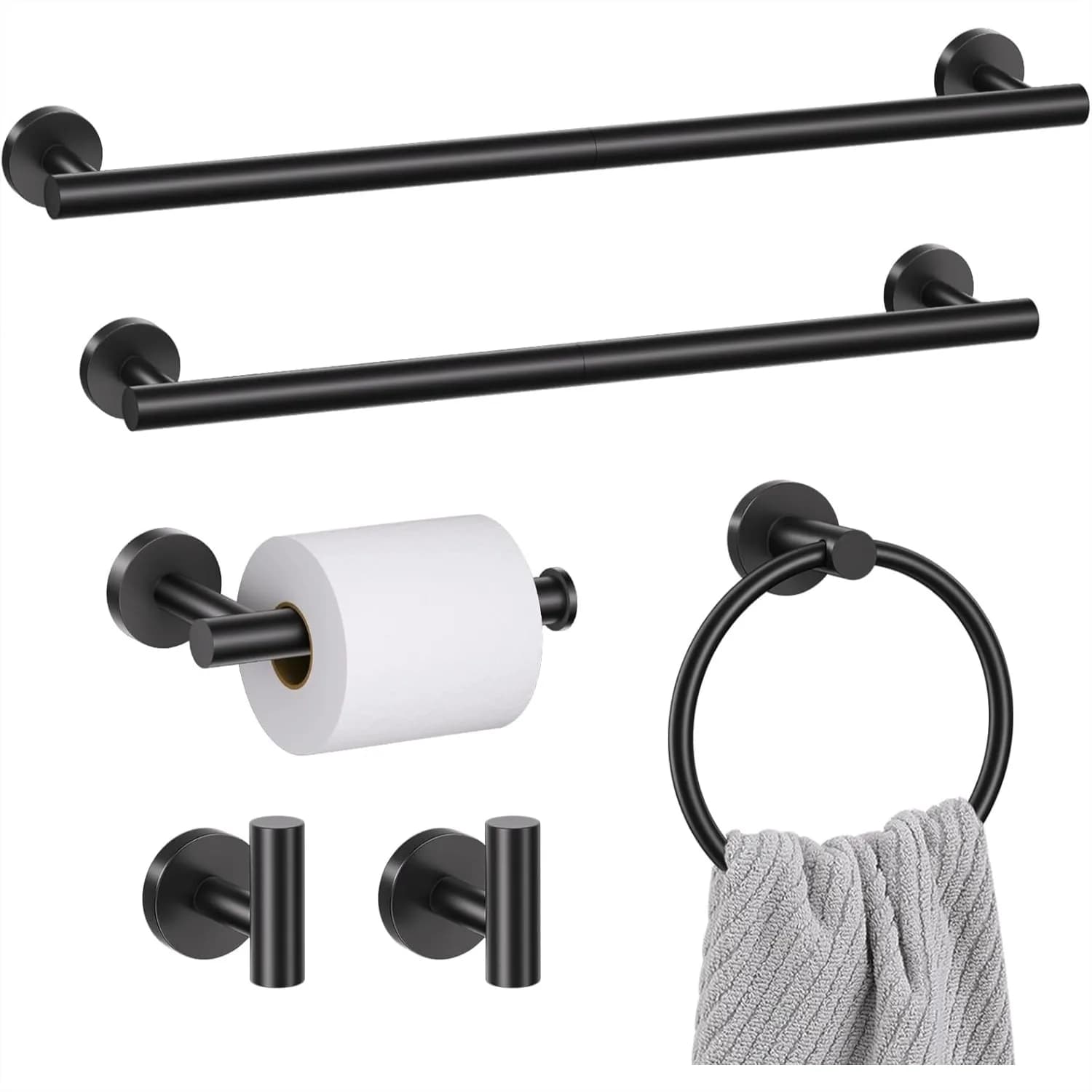 Set di 6 Portasciugamani Neri Opachi per Bagno, Portasciugamani in Acciaio Inox SUS304, Set Portasciugamani da 23,6 Pollici con Anello