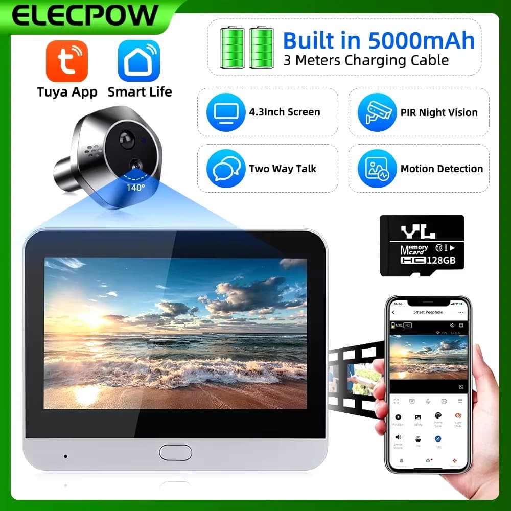 Elecpow Tuya da 4.3 pollici campanello telecamera Wifi 1080P spioncino telecamera per porta PIR visione notturna rilevamento del movimento visore per porta видеог
