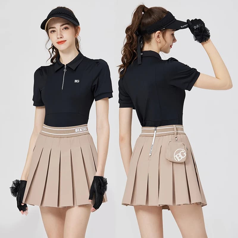 Blktee Camicie da golf con colletto sottile con cerniera Camicie da donna a maniche corte con sbuffo Gonne da golf a vita alta da donna Gonna a pieghe con borsa da palla