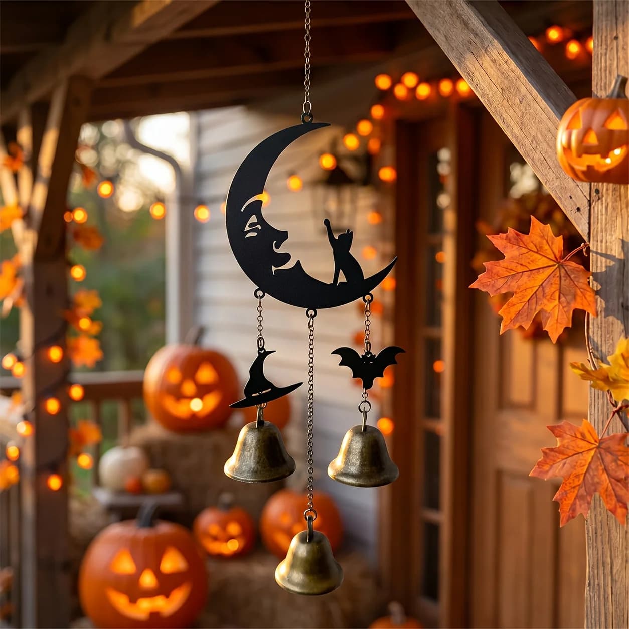 1 Piece Halloween Cat Moon-Shaped Ornament Iron Wind Chime Halloween Moon Cat Wind Chime Witch Window Hanging Decoration Home Garden Decoration