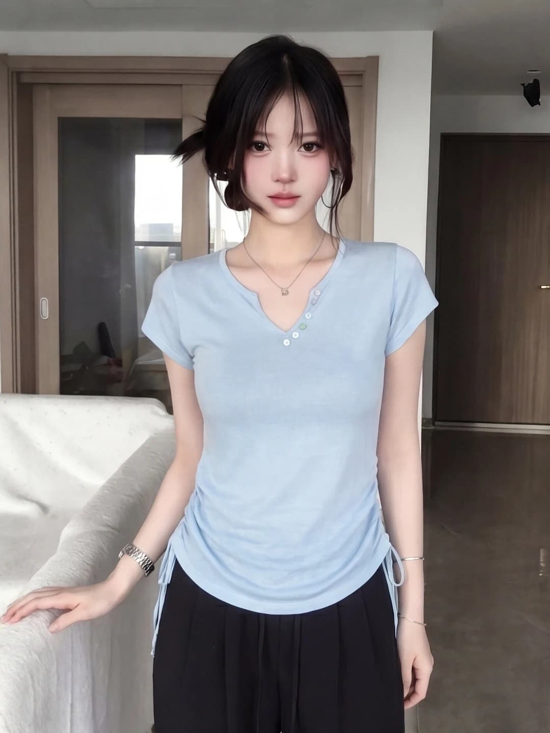 Summer New plus Size Women's T-Shirt Drawstring Short Sleeve Slimming Versatile Top Korean Style Commute Fashion Creative Pat...