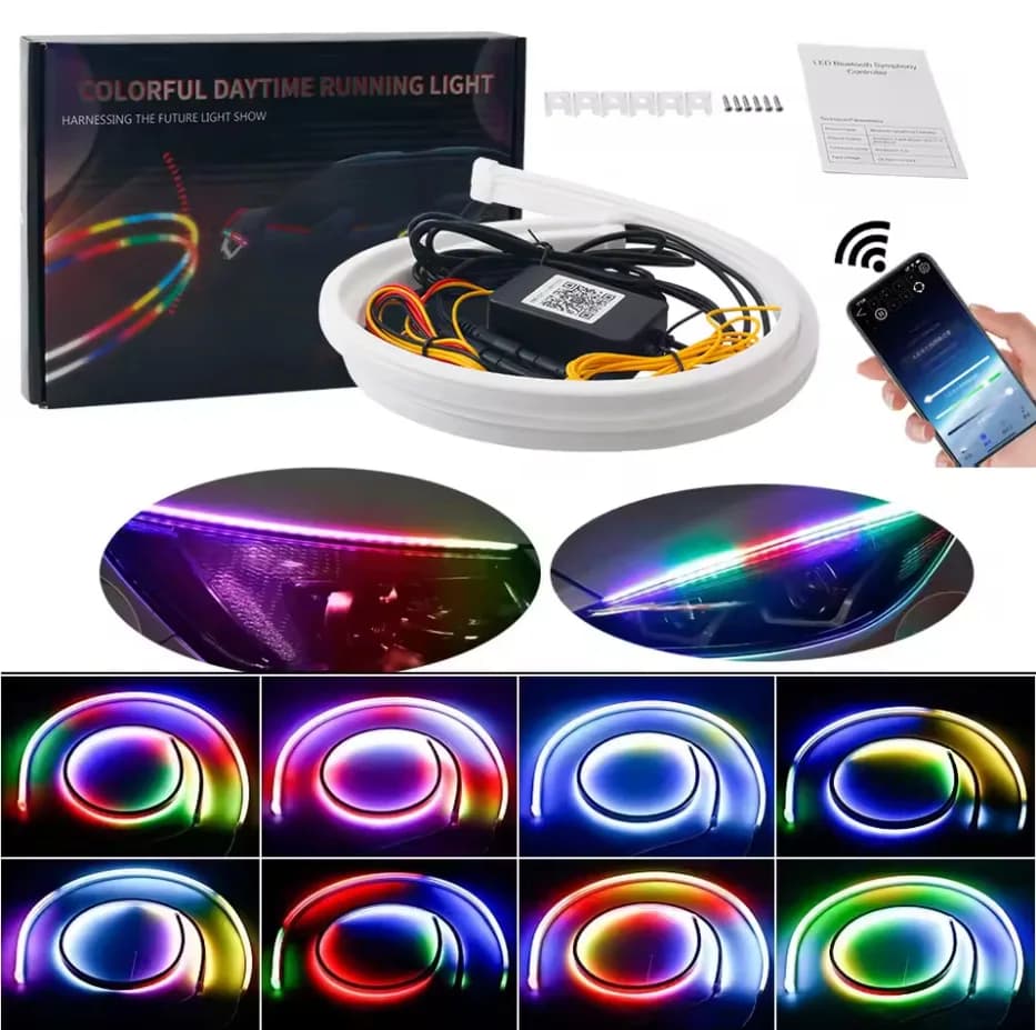 2PCS Symphony RGB Daytime Running Light DRL With Turn Signal Lights Flexible Flowing LED Strip App Control Decorative Lamp 12V