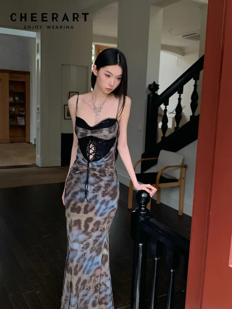 CHEERART Abito lungo aderente con stampa leopardata 2025 Donna Fasciatura estiva Tuniche in pizzo Abiti da sera maxi francesi da donna