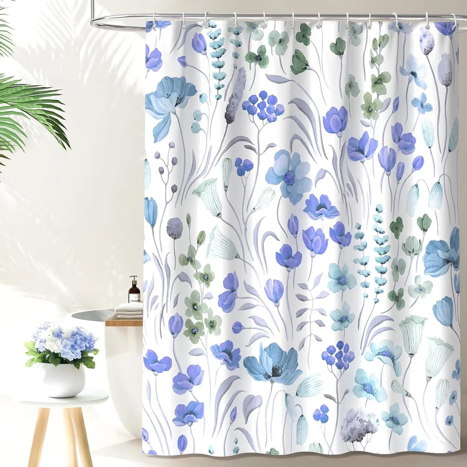 Tenda da Doccia con Motivo Floreale Blu-Verde, Stampa Botanica ad Acquerello per Bagno Moderno