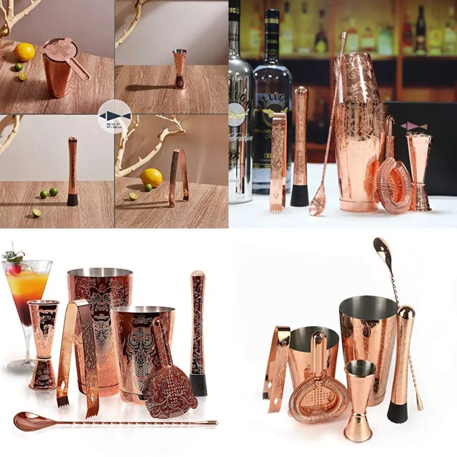 Set da Barman Sky Fish - Kit Cocktail da 6 Pezzi in Acciaio Inossidabile Ramato con Incisioni, con Shaker Boston e Utensili da Bar