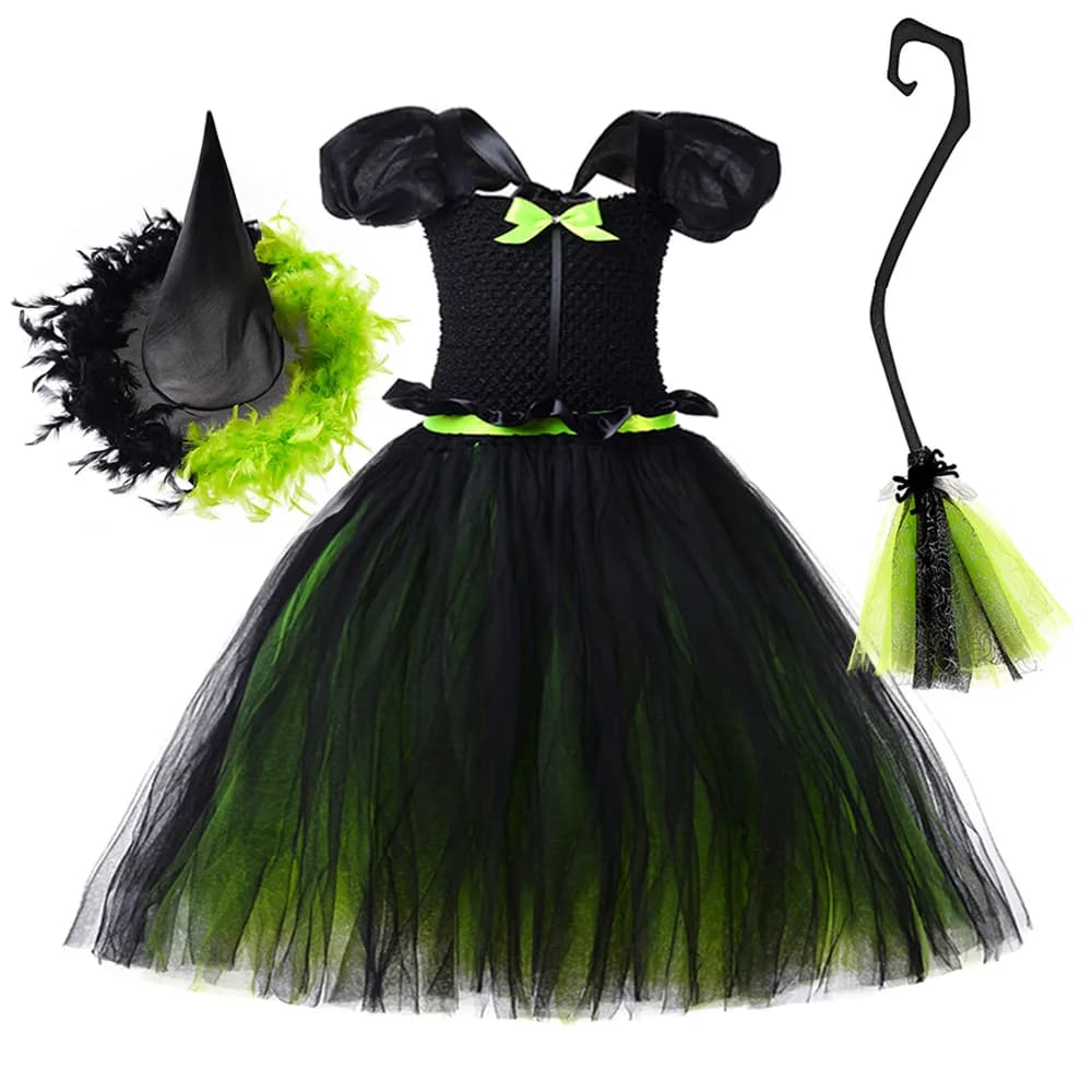 Girls Halloween Wicked Witch Cosplay Dress Kids Black Green Knee Length TUTU Dress Alphaba WitchTtutu Glinda Fairy Skirt ZZ12
