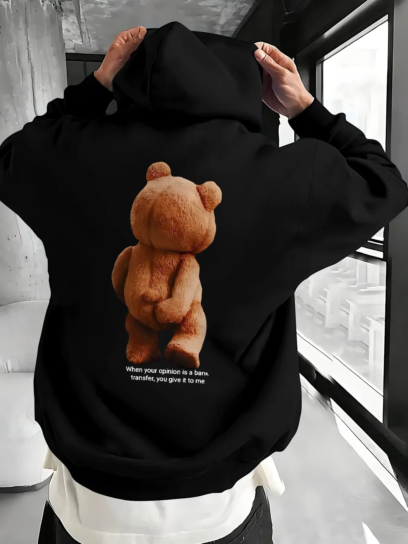 Felpa con cappuccio fantasia casual da uomo con stampa di orsi dei cartoni animati, stile street ampio, motivi stampati sul retro, felpe con cappuccio da uomo