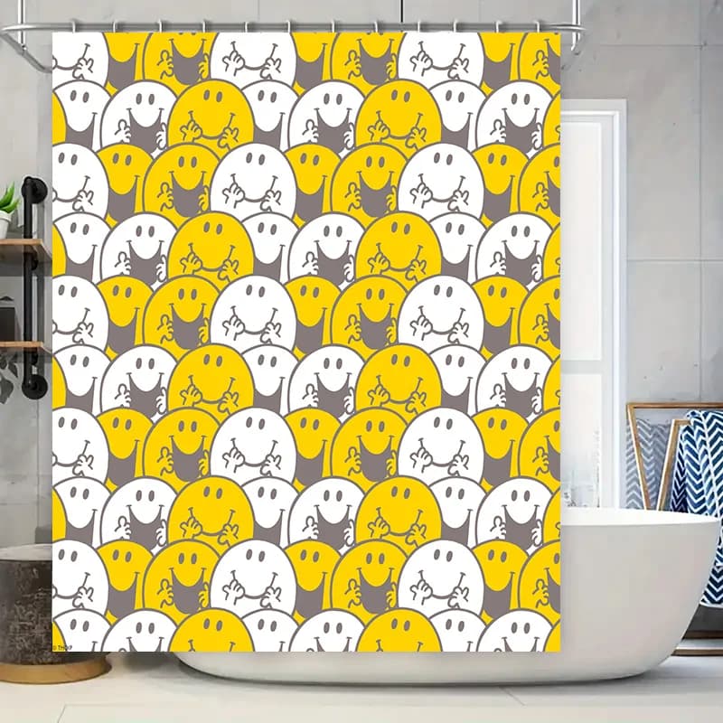 Tenda da doccia moderna con faccia felice, tessuto impermeabile, decorazione per il bagno, set di tappetini da bagno con motivo smiley giallo bianco per la casa dei bambini D