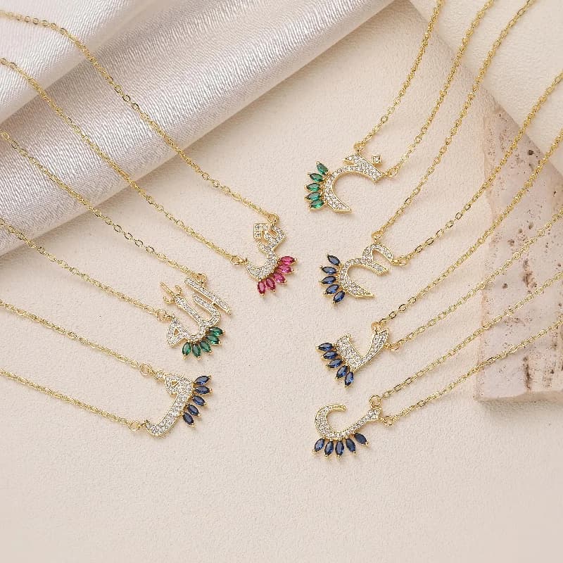 Sweet and Lovely Creative Design Zirconia Islamic Style Arabic Calligraphy Pendant Necklace Collarbone Chain Exquisite Jewelry
