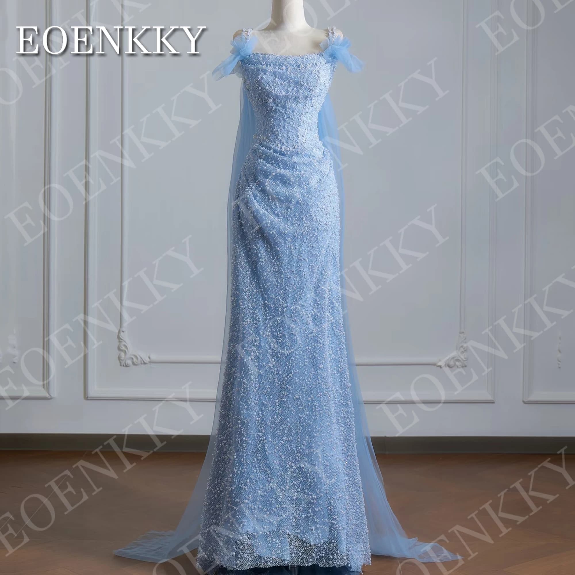 EOENKKY Abiti da ballo azzurri di lusso con perline a sirena in tulle con spalline sottili abito da festa da donna personalizzato Abiti da ballo blu chiaro 2026 lusso a perline Sirena Tulle Spaghetti Cinturine Abito da