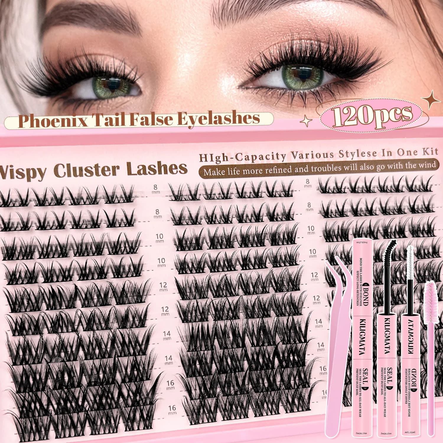 Phoenix Tail Lash Clusters Kit D Curl 8-16mm Wispy Individual Lashes with Bond Seal Tweezers Lash Brush Natural Fluffy DI
