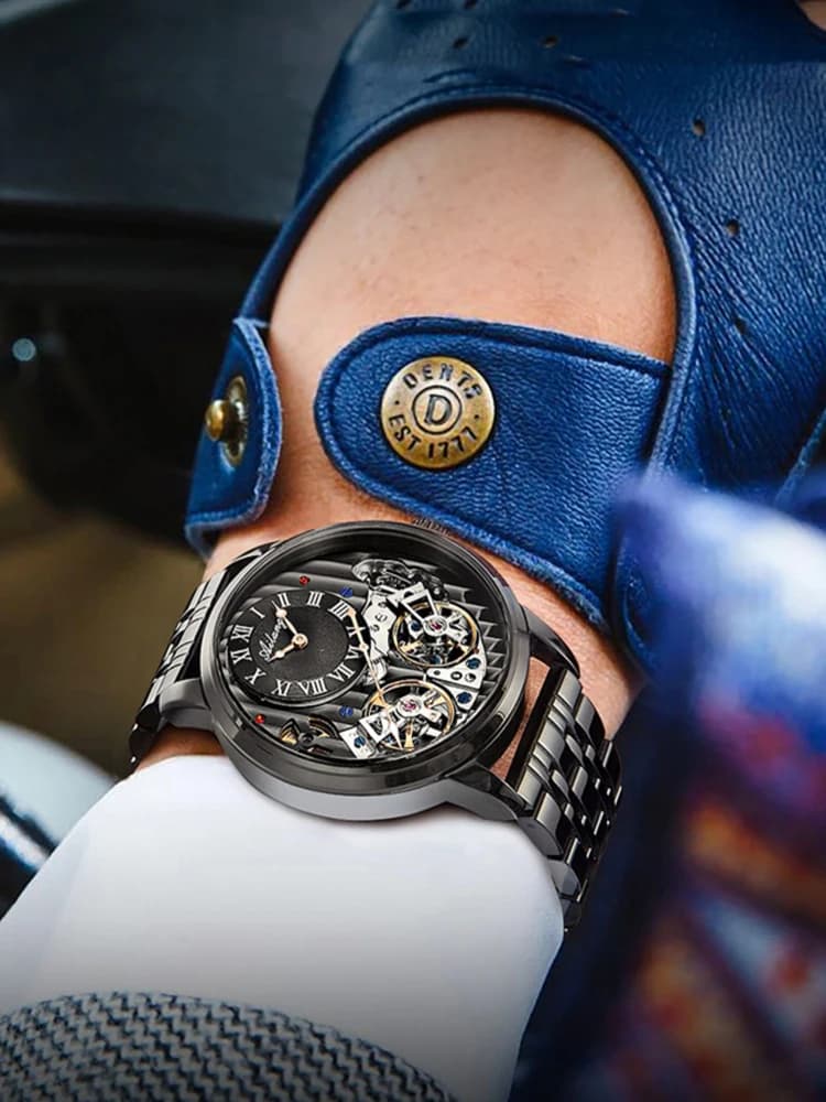 Orologio meccanico da uomo con tourbillon in acciaio nero dal design classico Steampunk scheletro orologi meccanici automatici da uomo Reloj Hombre