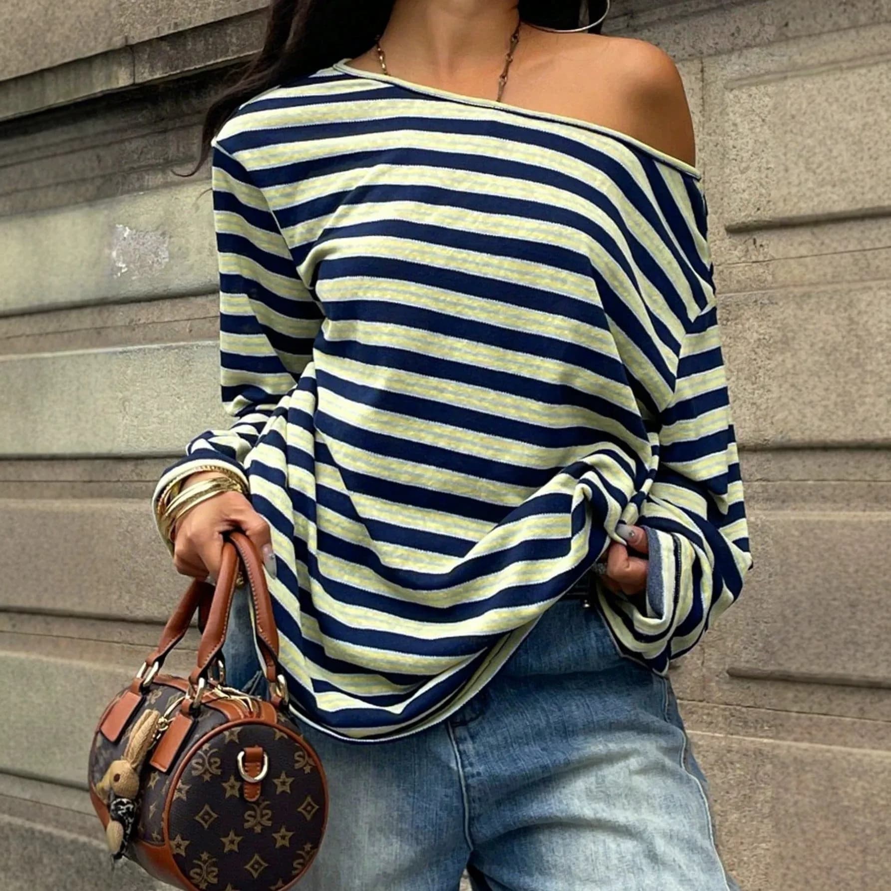 Women's Oversized Striped Blue Off Shoulder Slant Neck Drop Shoulder Cotton Knit Casual Color Block T Shirt Blouse T-shirts