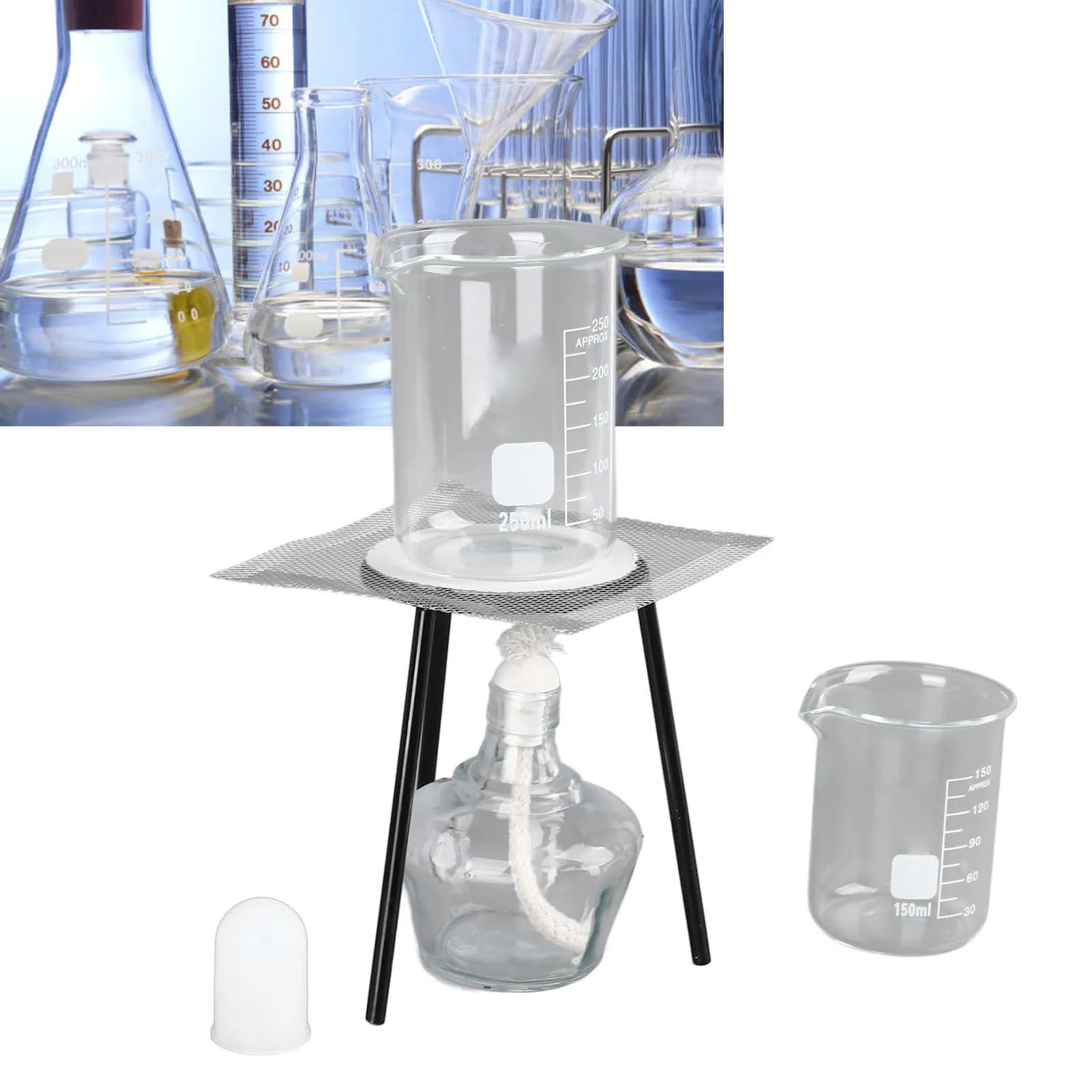 Set di Strumenti per Esperimenti, Becher da 150ml e 250ml, Supporto Stabile, Bottiglia in Vetro da 150ml, Supporto per Lampada per Dimostrazioni di Laboratorio