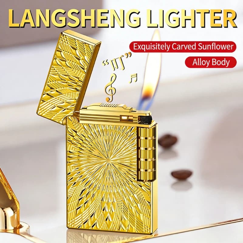 Suono in acciaio vintage Langsheng mola accendino regalo da uomo di fascia alta accessori per fumatori di girasole in rilievo in metallo