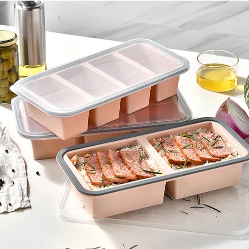 Vassoio in silicone con scomparti e coperchio per congelare alimenti, contenitore riutilizzabile per conservare brodo e salse, stampo per la preparazione dei pasti.