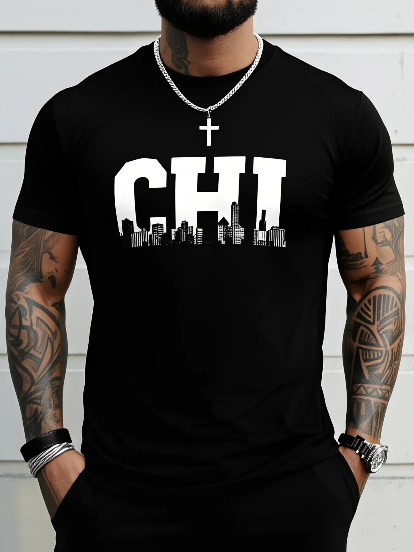 Chicago, Illinois, Downtown City Skyline T-Shirt, Graphic T-Shirt, Men's Breathable, Moisture-Wicking, Soft, Suitable for Daily Commuting, Home Wear, and Casual Wear, 2026 New Year Purple
