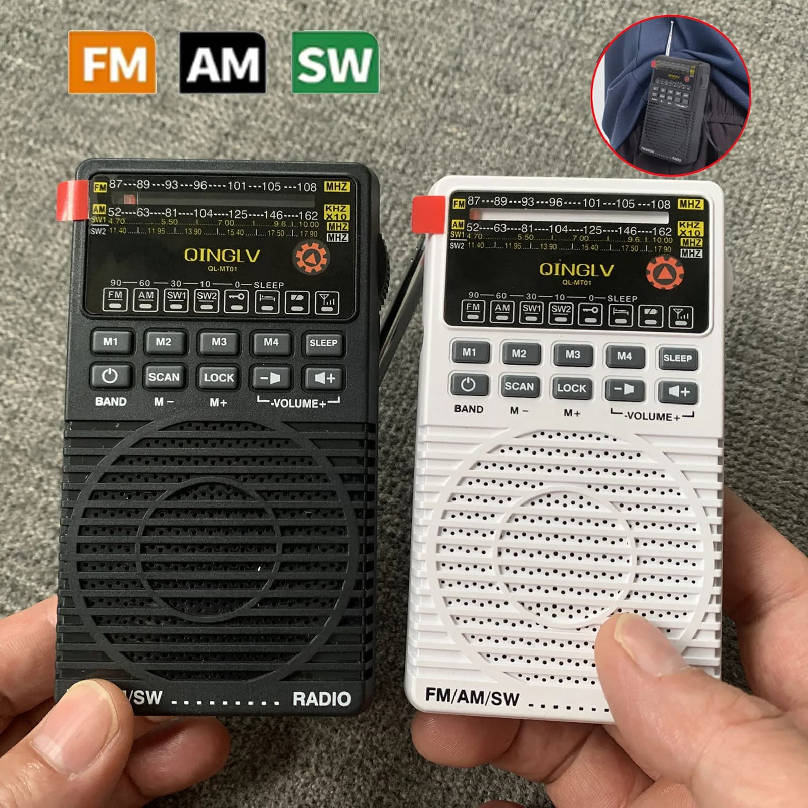 Radio FM AM SW DSP portatili Ricevier Timer del sonno Altoparlante incorporato Mini tasca Supporto radio a banda intera Cuffie da 3,5 mm 2 * AA