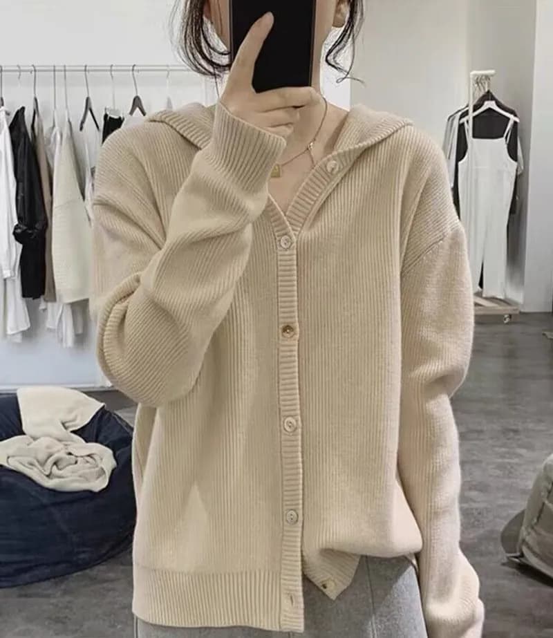 100% Merino wool women's hooded loose casual fashion hoodie button cardigan knitted cashmere sweater