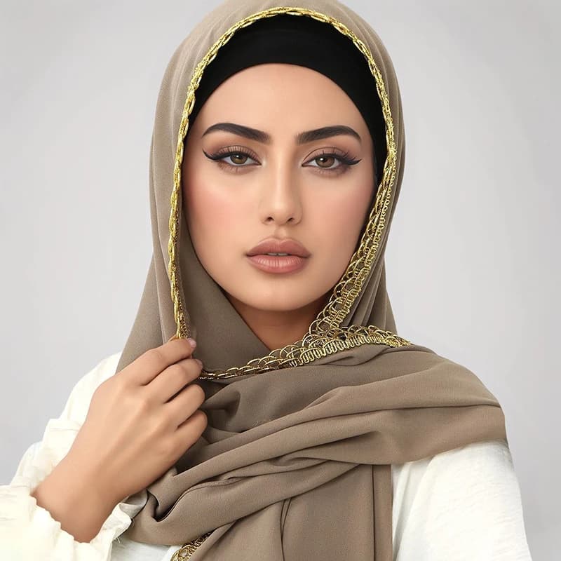 Chiffon Scarf with Golden Corrugated Design, Hijab Women's Muslim, Scialle, Simple Islamic Copricapo, Female Turbante