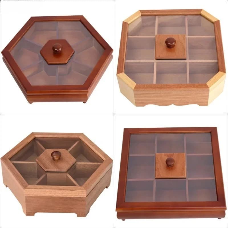 Scatola creativa per frutta secca cinese in pino, soggiorno diviso con coperchio, scatola per caramelle, snack in legno, scatola di immagazzinaggio in legno massello