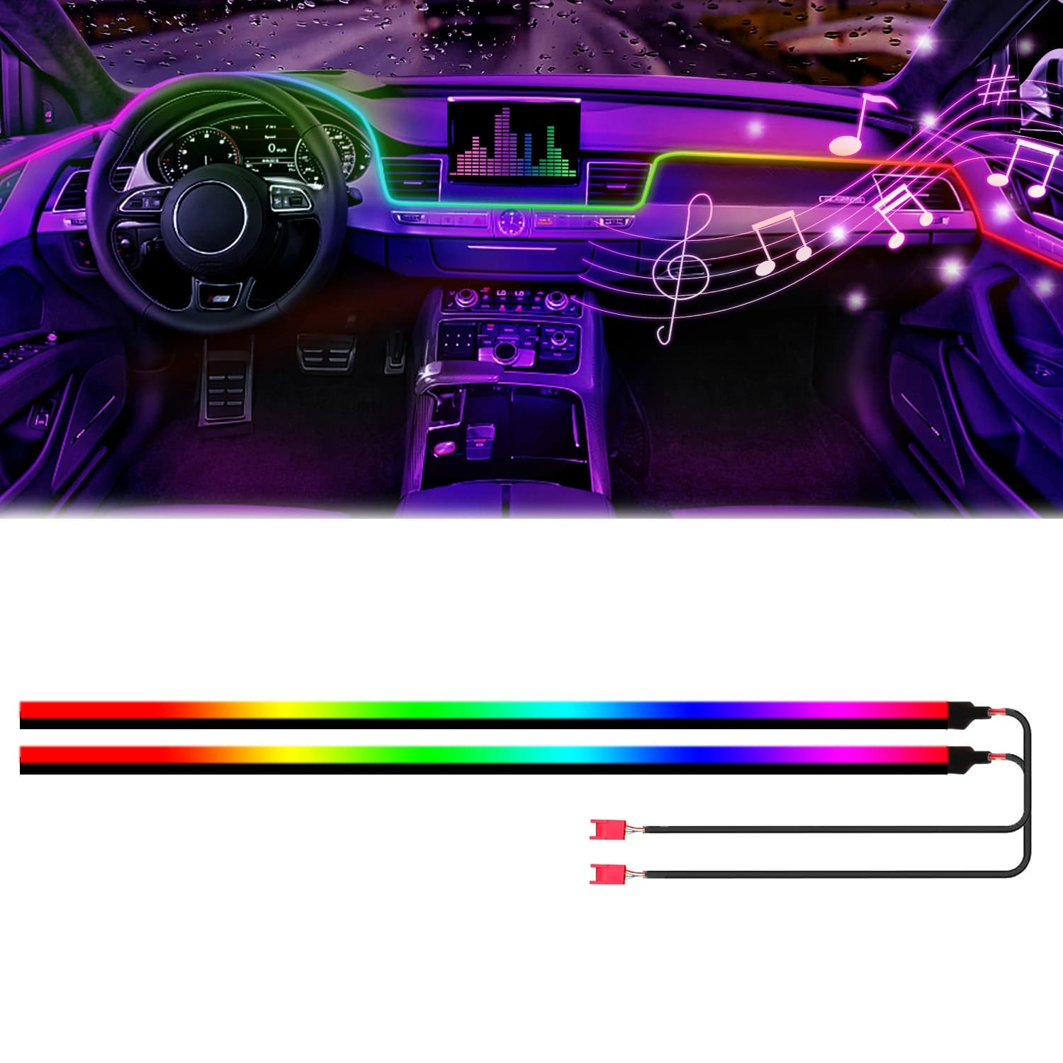 128 Striscia LED colorata per auto con decorazione universale Barra di illuminazione ambientale arcobaleno in fibra ottica RGB (2 pezzi da 43,3 pollici/110 cm)