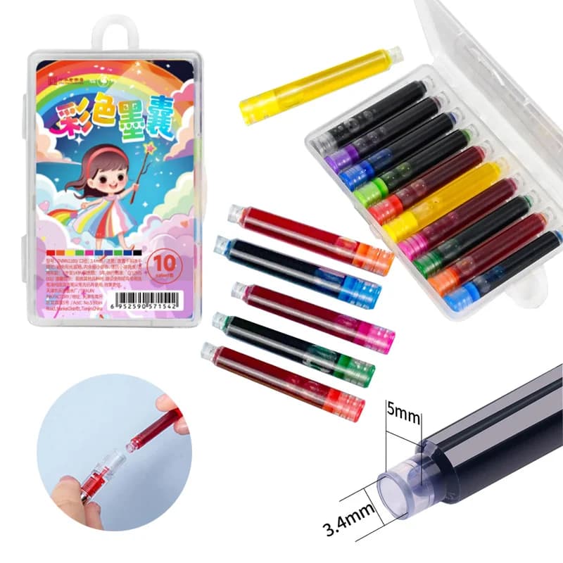 10pcs Colored Fountain Pen Ink Bag 3.4mm Diameter for Art Painting Comic Creation Calligraphy Practice Office Study